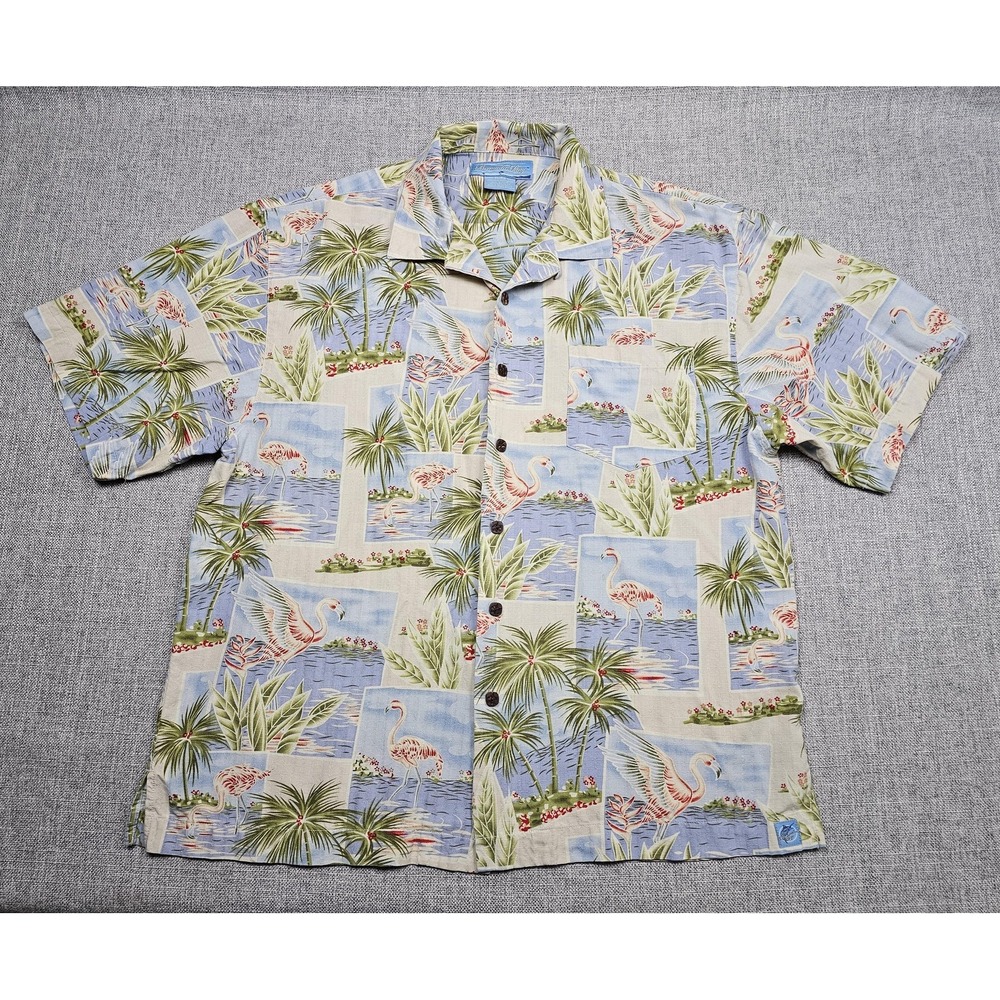 Bermuda Bay Shirt Mens XL Blue‎ Flamingo Palm Tree Hawaiian Silk Aloha Camp